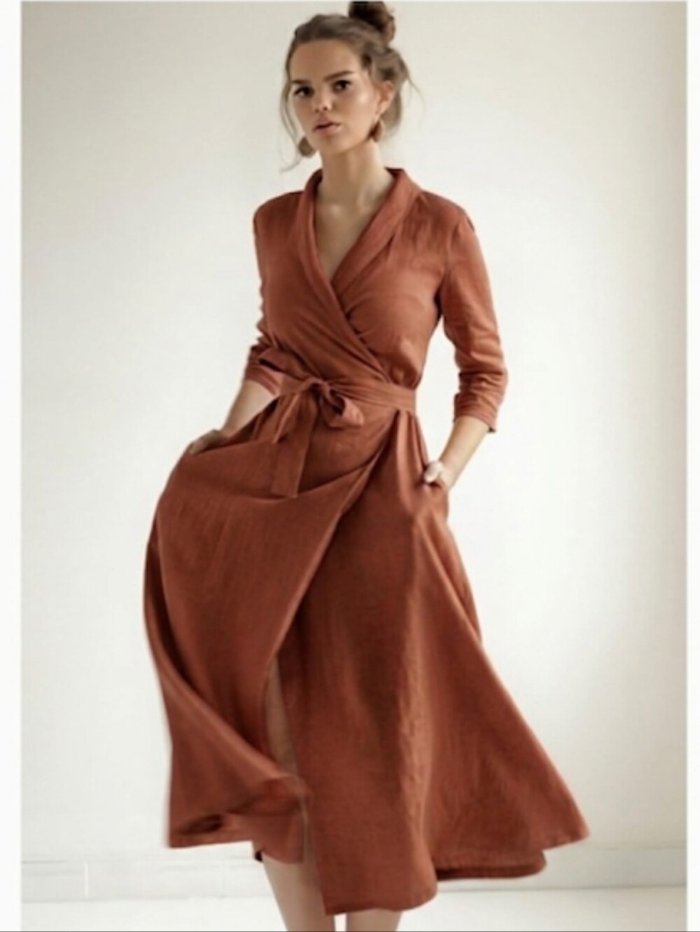Linen Handmade Studio Marlena Wrap Dress Brown Large